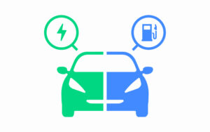 Graphic of a hybrid car showing electric and fuel options.